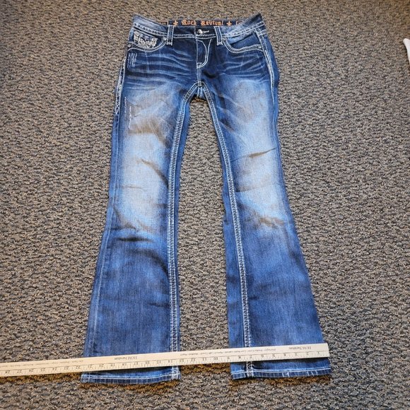 Rock Revival Betty Boot Distressed Jeans Size 27 Rhinestone Pocket Bling - Picture 5 of 11